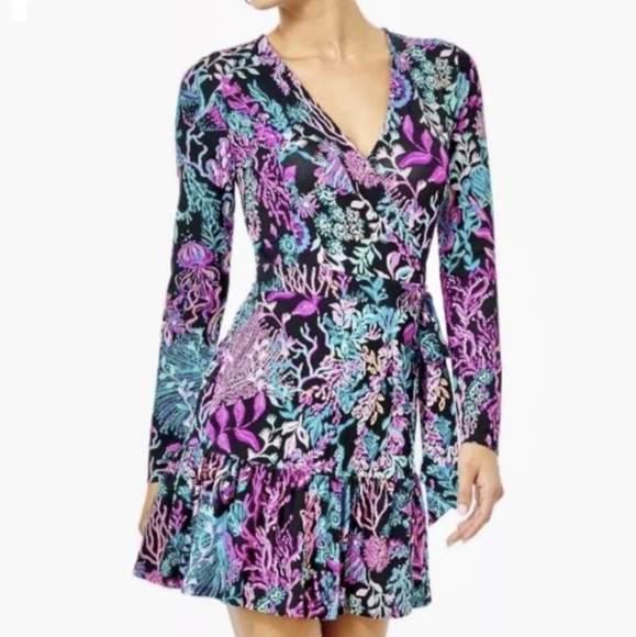 Lilly Pulitzer Misha Onyx Twilight Coral Jersey Ruffle Wrap Romper Size XXSS - Picture 1 of 9